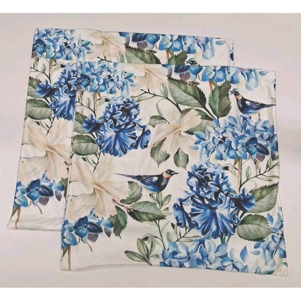 Blue & White Flowers & Birds 🐦 Pillow Covers Set of (2) 18"x18" Spring, Summer